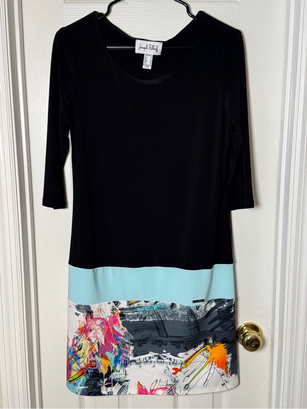 Joseph Ribkoff Color Block Art Deco Dress 3/4 Sleeve Black Abstract size 8